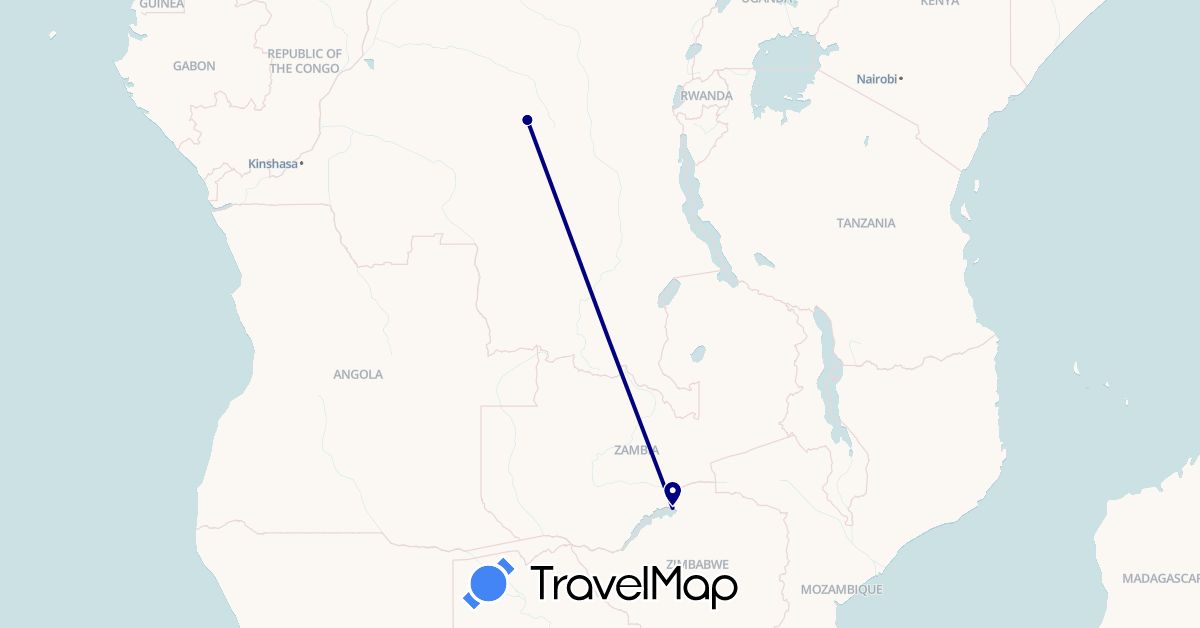 TravelMap itinerary: driving in Democratic Republic of the Congo, Zimbabwe (Africa)